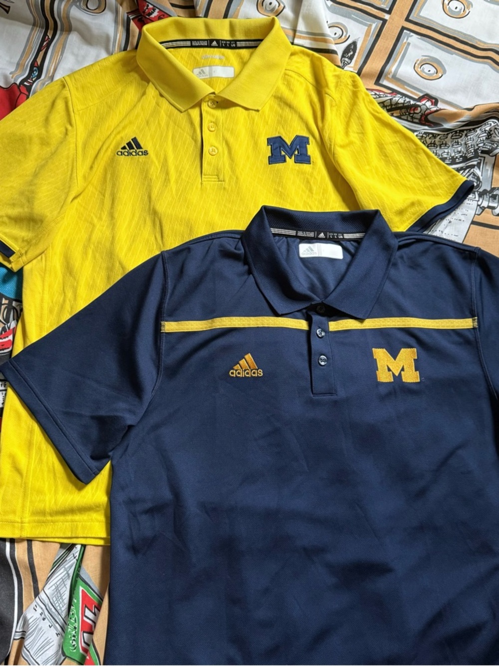 2 Michigan Wolverines Adidas polo shirts Large Climalite yellow and navy blue